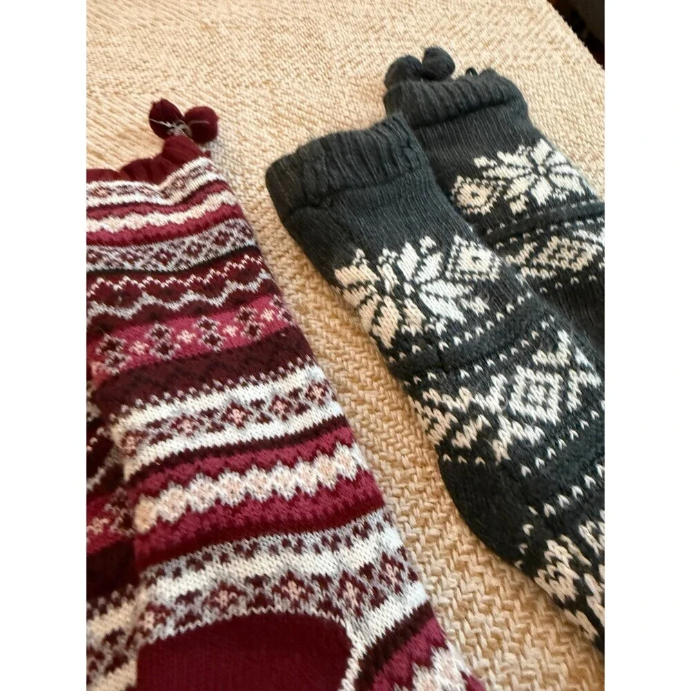 Cozy Knit Slipper Socks Set – Red Fair Isle & Gray Snowflake